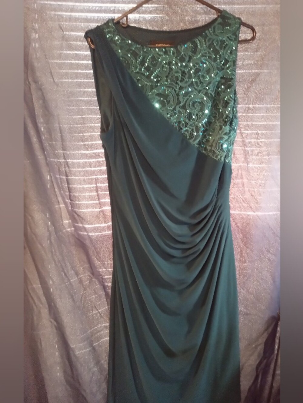 R&M Richards One-Shoulder Emerald Green Sequin Lace Plus Size Evening Dress